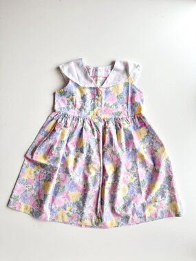 Vintage Girl's TULIP Pink Floral Cotton Muslin Collared A-Line Dress, Size 6x
